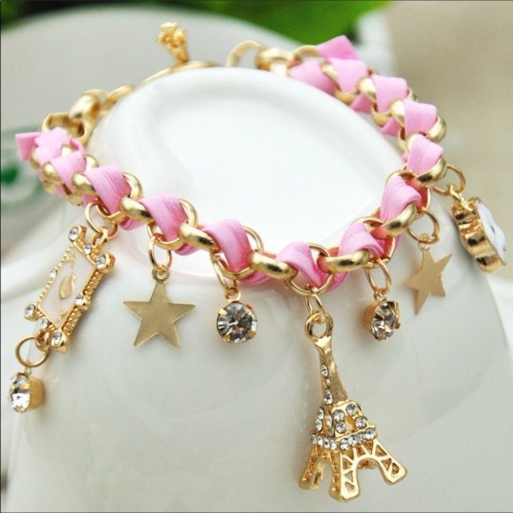 Stunning Pink Eiffel Tower & stars Charm Bracelet